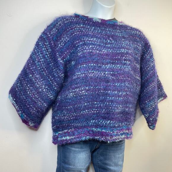 Vintage Handmade Wool Mohair Fuzzy Wide Sleeve Short Sweater Top Blue Purple - Picture 7 of 9